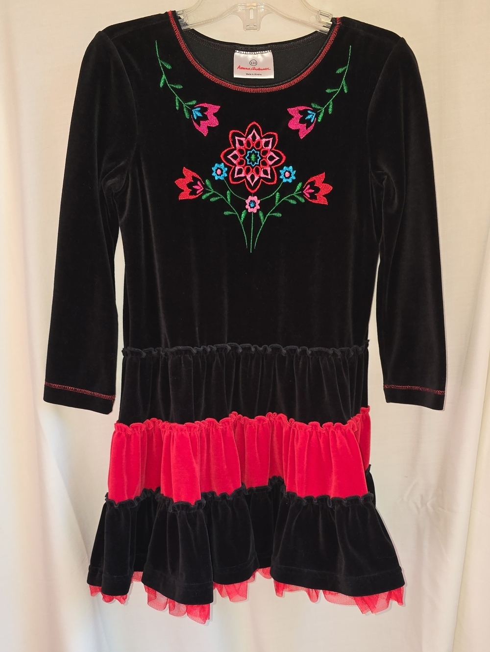 Black Velvet Girls' Dress with Red Ruffle & Floral Embroidery